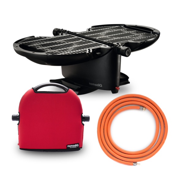 NomadiQ Kompakt-BBQ Gasgrill, 3,2kW Bundle 1, Schutzhülle rot